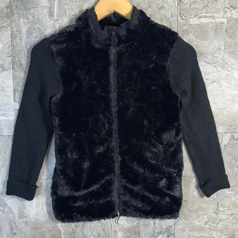 Black faux fur zip up‎ jacket Kids Medium 10-12 #fauxfur #jacket